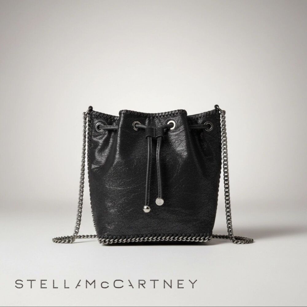 Stella McCartney Falabella Black Vegan Leather & Chain Crossbody Bucket Bag VGUC